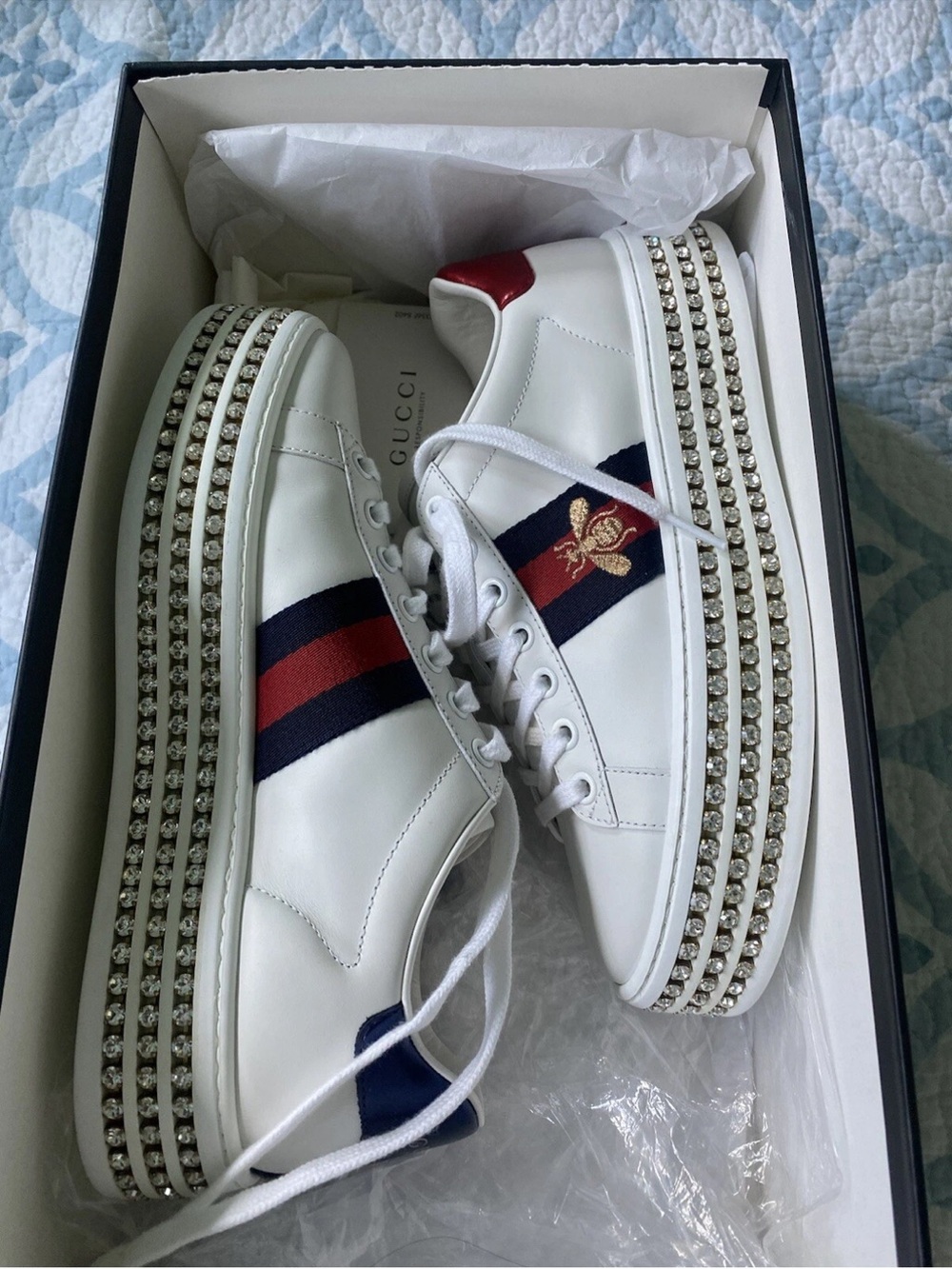 Gucci Ace Crystal Bee Platform Sneakers with Red and Navy Stripe, 37, NWT